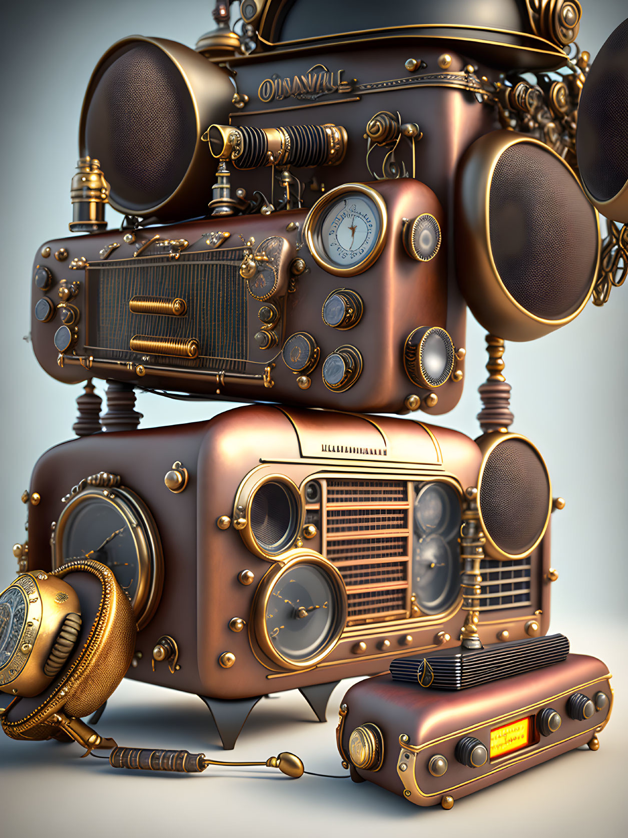 Vintage Steampunk Assembly with Microphone, Radios, Dials, and Metallic Embellishments