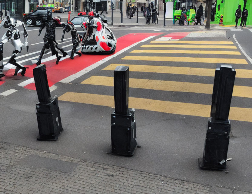 City street with retractable bollards, zebra crossing, colorful bicycle, and green vehicle.