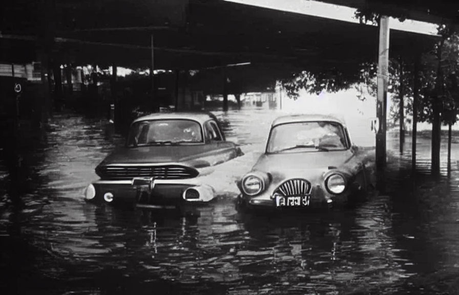 Vintage cars partially submerged in black and white floodwaters