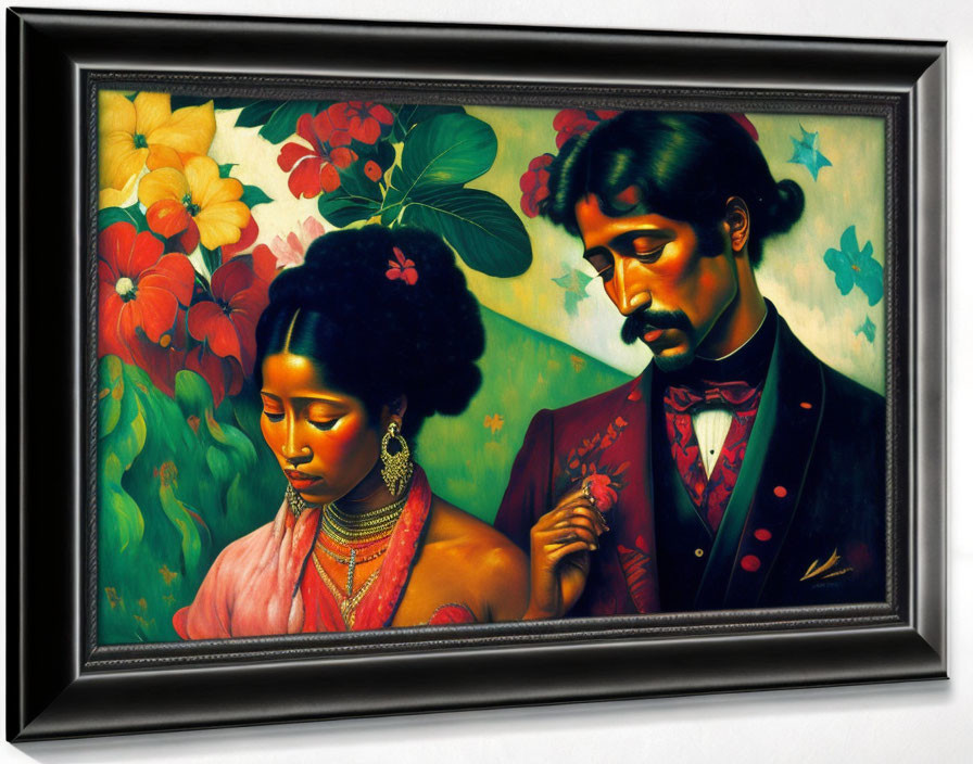 Framed painting of man and woman in formal attire with solemn expressions