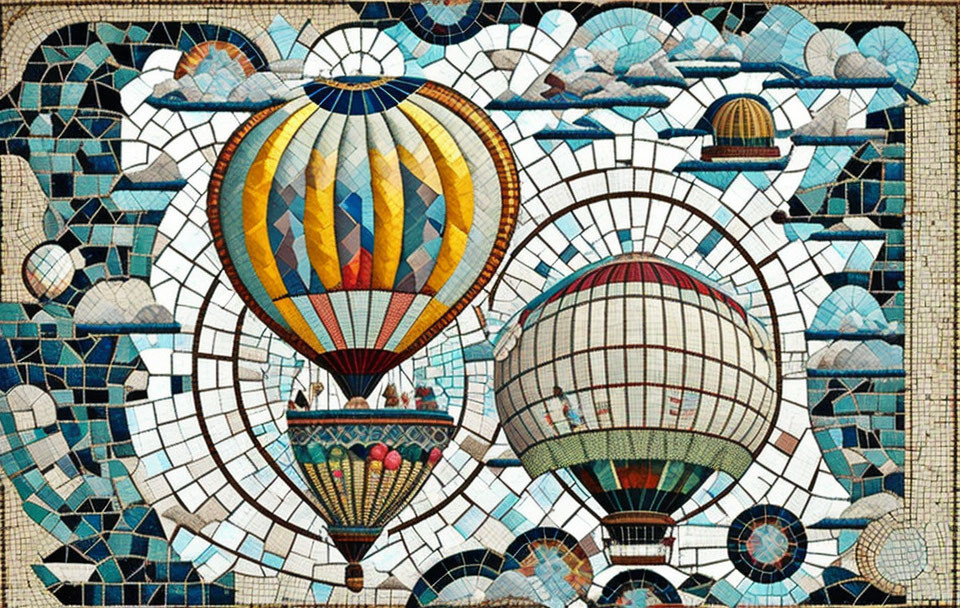 Colorful Hot Air Balloons Mosaic Artwork with Clouds on Tiled Background