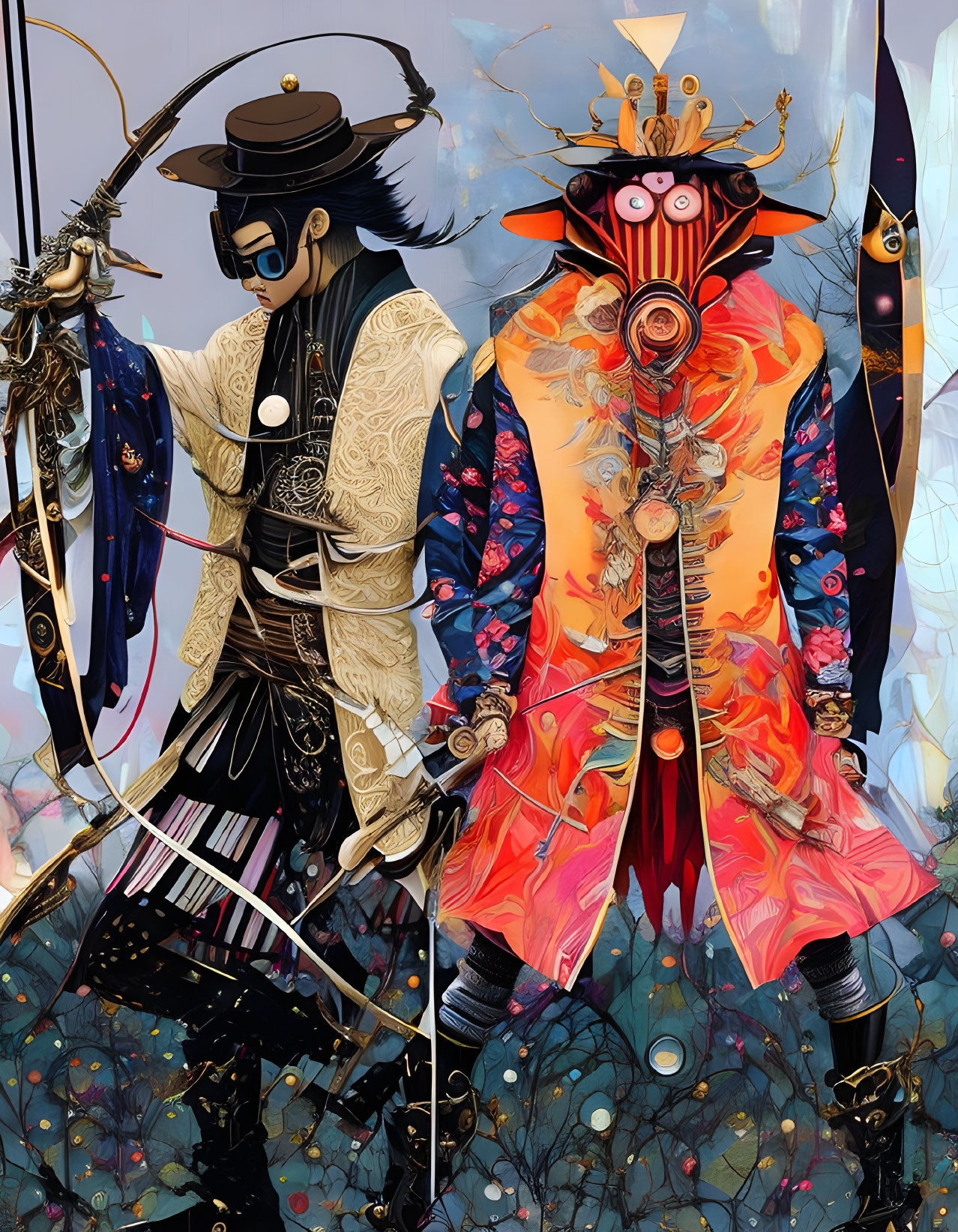 Stylized animated characters in traditional Japanese attire with bow and multi-faced mask