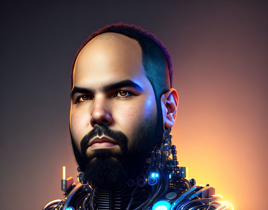 Portrait of a man with beard merging into cybernetic neck and shoulder assembly, glowing blue lights on
