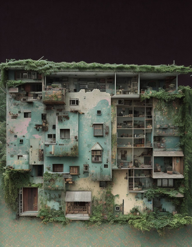 Weathered multi-story building with overgrown greenery and pastel walls aerial view