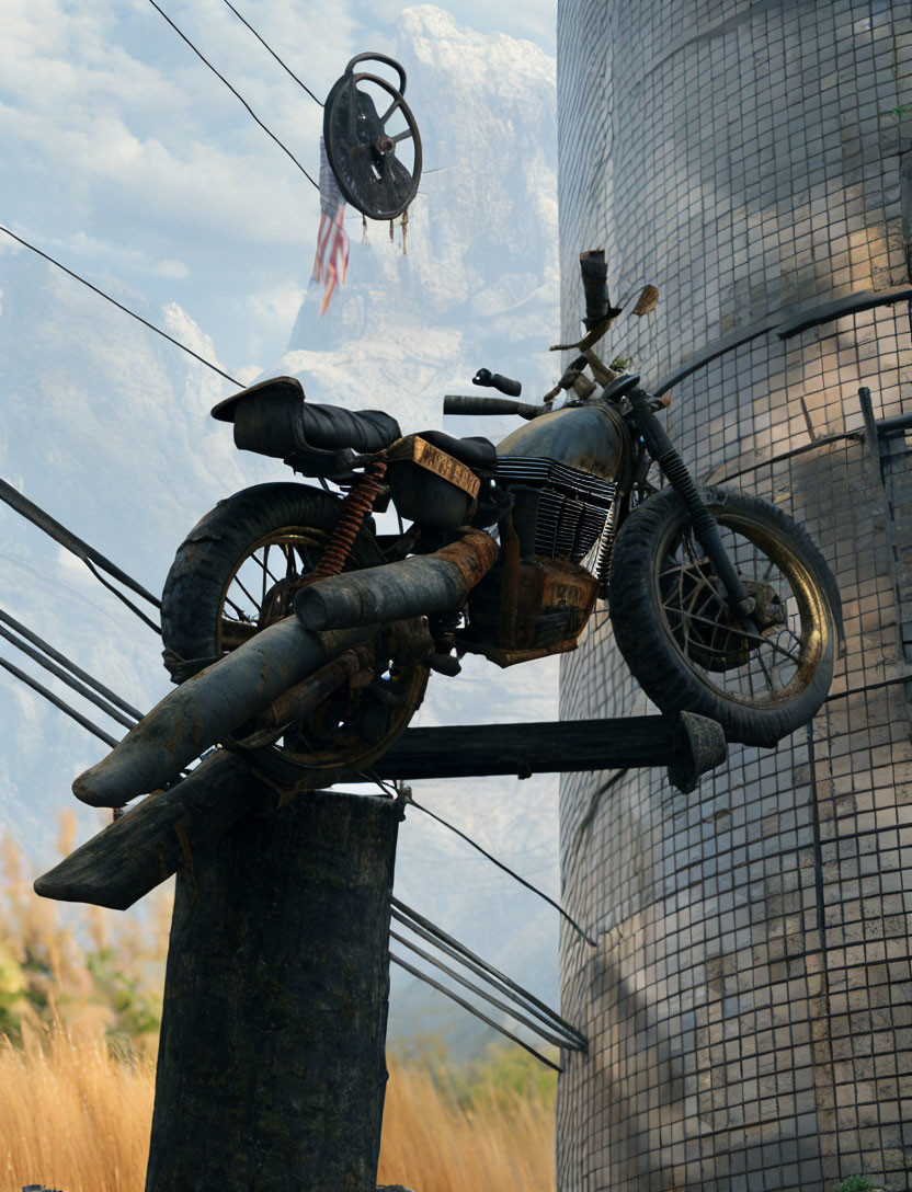 Vintage motorcycle caught in wires near utility pole in rural setting.