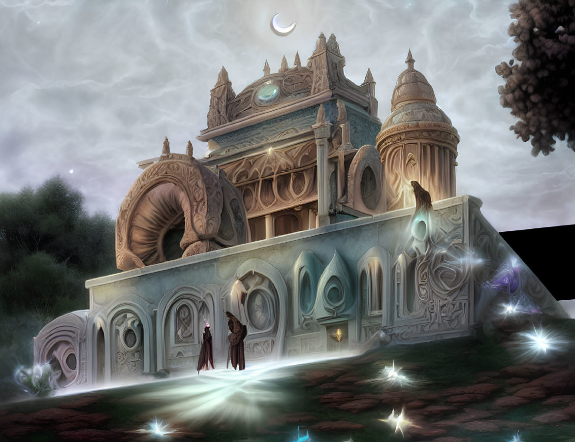 Fantastical palace with glowing flowers and cloaked figure at twilight