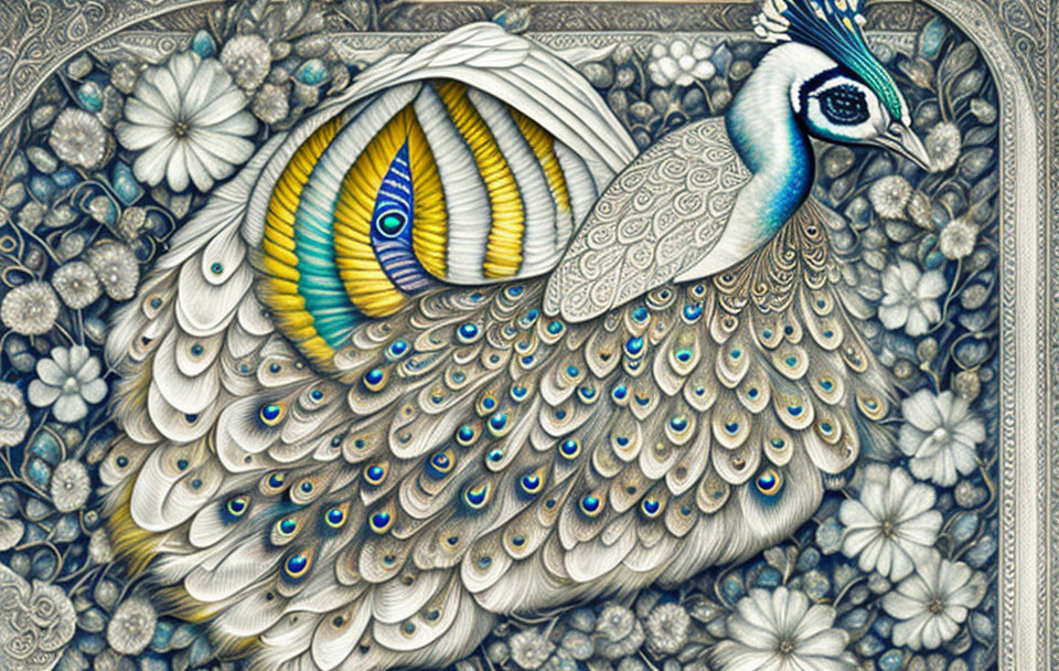 Colorful peacock artwork with intricate patterns on floral backdrop
