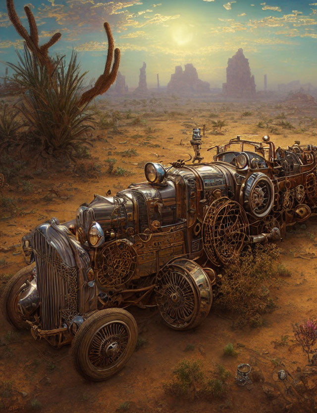 Steampunk-style car in desert landscape with cacti and rock formations