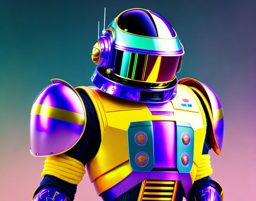 Futuristic robot with reflective helmet and colorful armor on gradient background