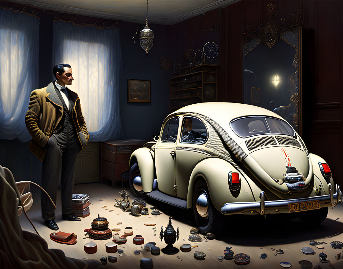 Man in 1940s attire with vintage Volkswagen Beetle in room of period artifacts.