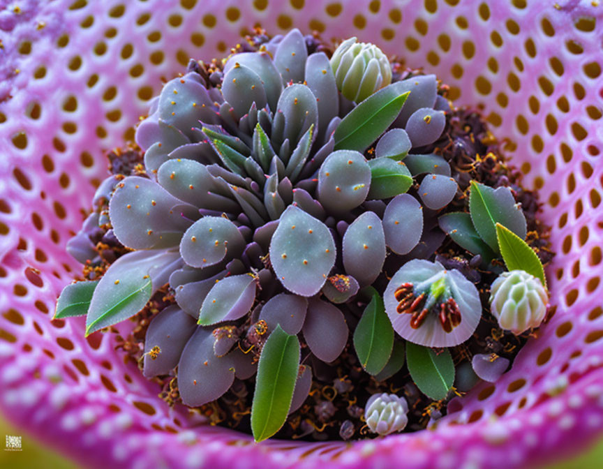 Close-up of plump purple succulent leaves in pink mesh pot