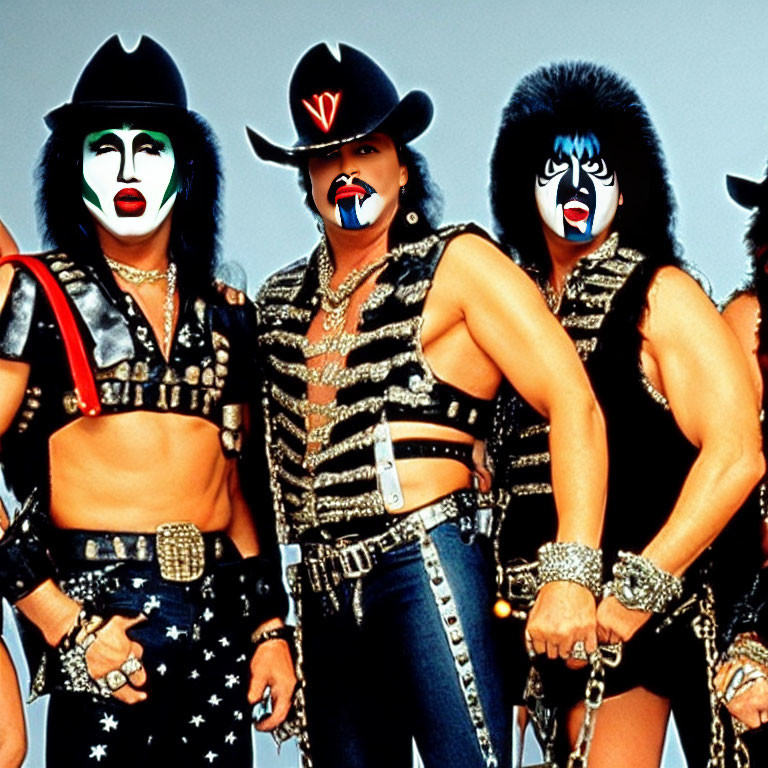 Three individuals in rock attire with iconic face paint and outfits