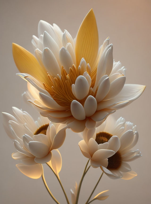 Three white lotus flowers with golden-yellow petals on soft illuminated background