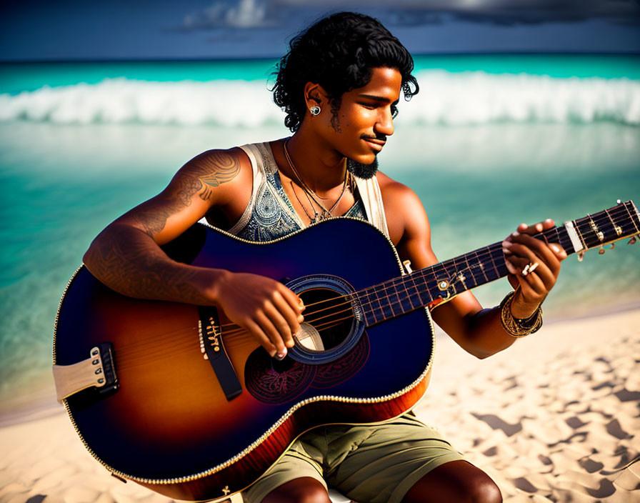 Young man plays acoustic guitar on sandy beach at sunset
