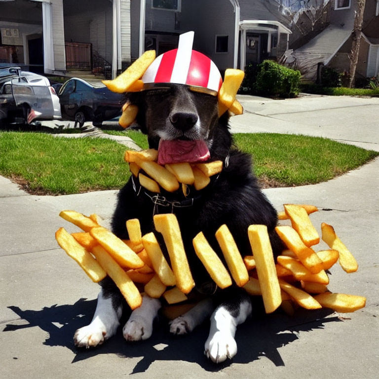 Black and white dog in French fries costume with red and white hat