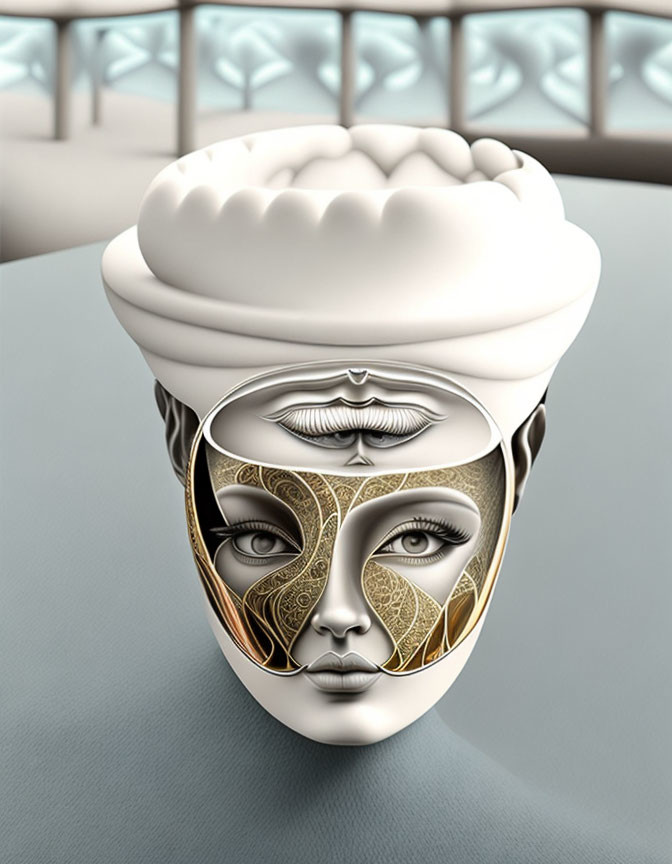 Surreal face with brain-shaped cap and golden patterns