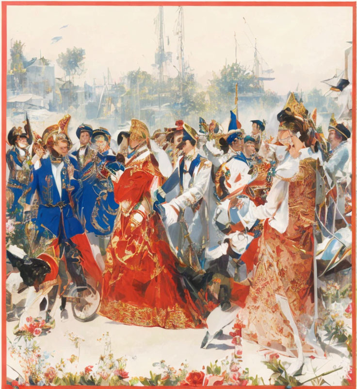 Historical painting of elegantly dressed individuals at outdoor gathering