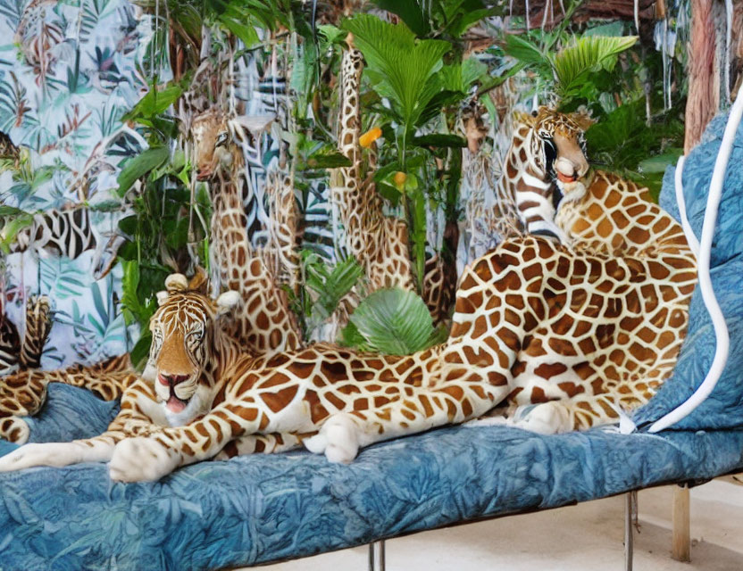 Two people in full-body jaguar costumes on blue daybed in jungle setting