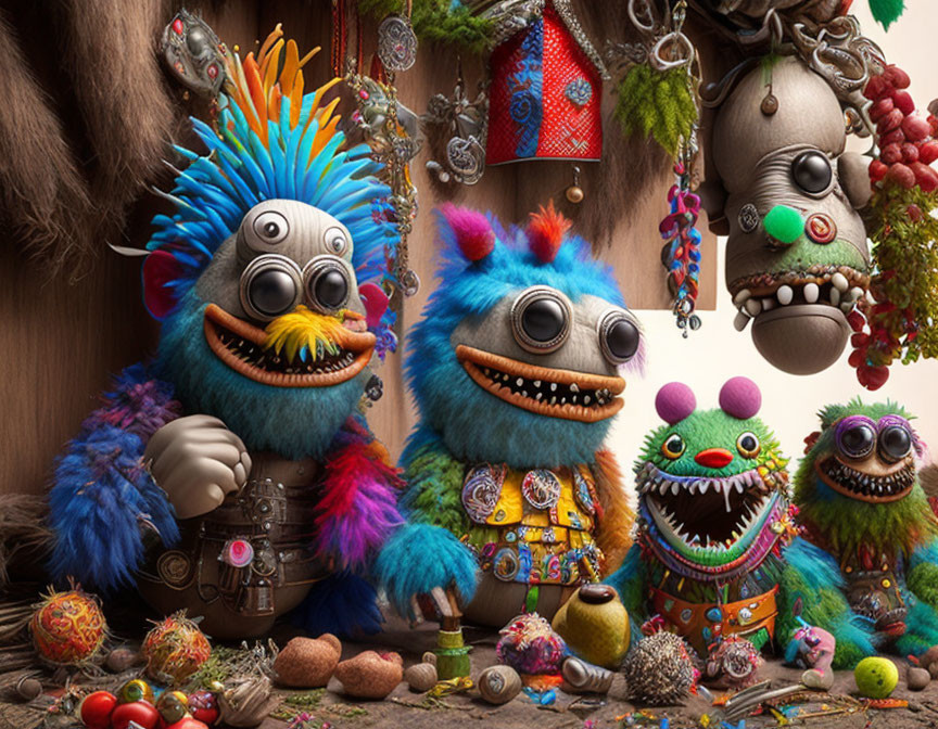 Whimsical furry creatures in colorful outfits and eclectic trinkets