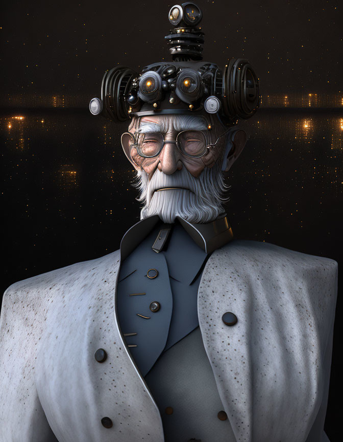 Elderly steampunk gentleman in white coat and goggles on starry background