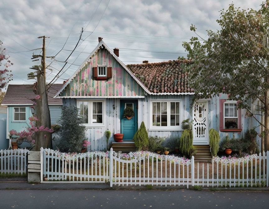 Weathered pastel painted house with tiled roof, white picket fence, and potted plants