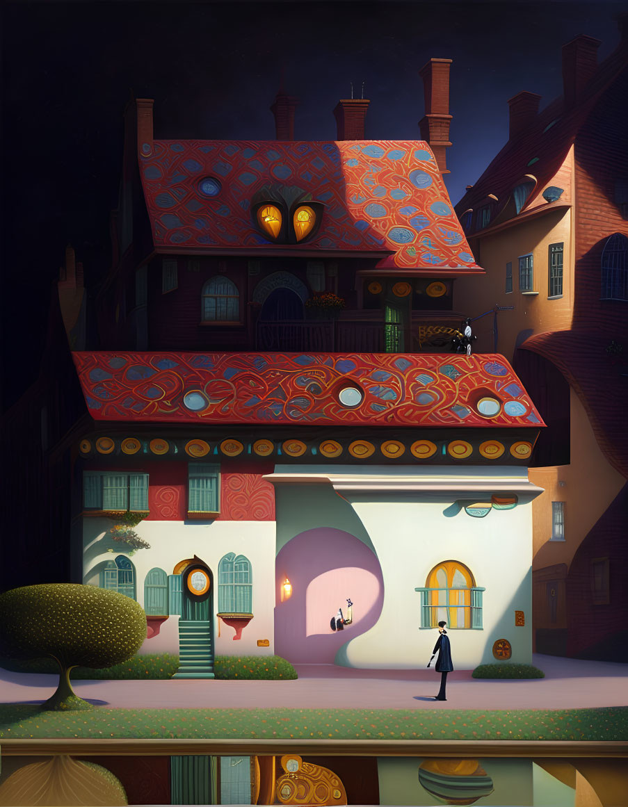 Ornate house with whimsical designs and figure at night