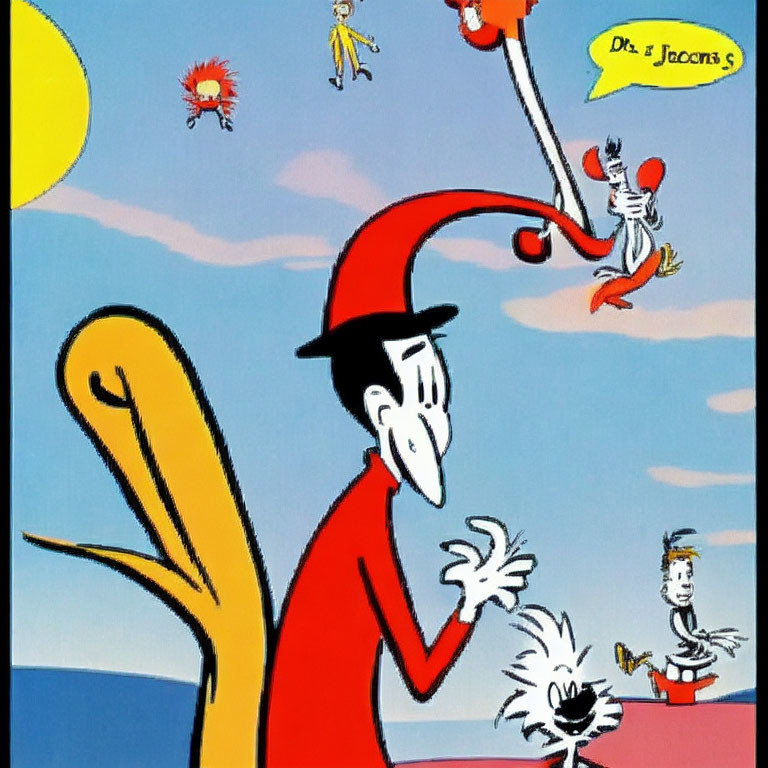 Tall character in red hat and coat holding two smaller characters under blue sky