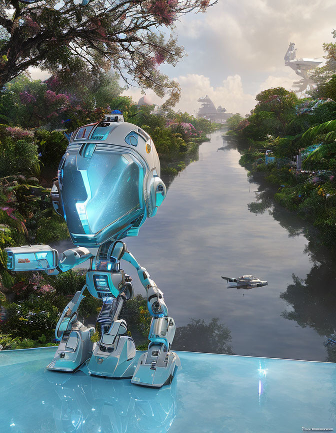 Transparent-headed robot gazes at lush river scene