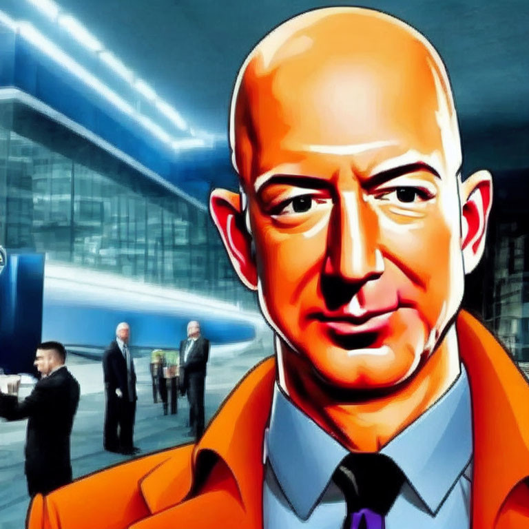 Stylized bald man in orange coat against futuristic cityscape