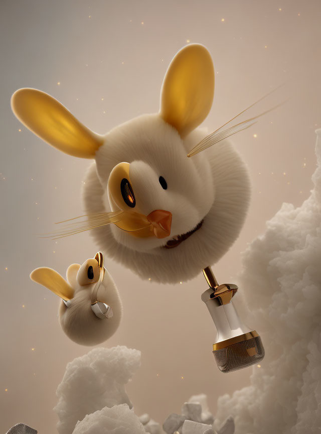 Whimsical fluffy rabbits with propellers and goggles flying among clouds