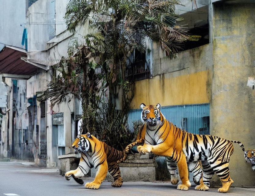 Realistic Tiger Sculptures in Urban Setting