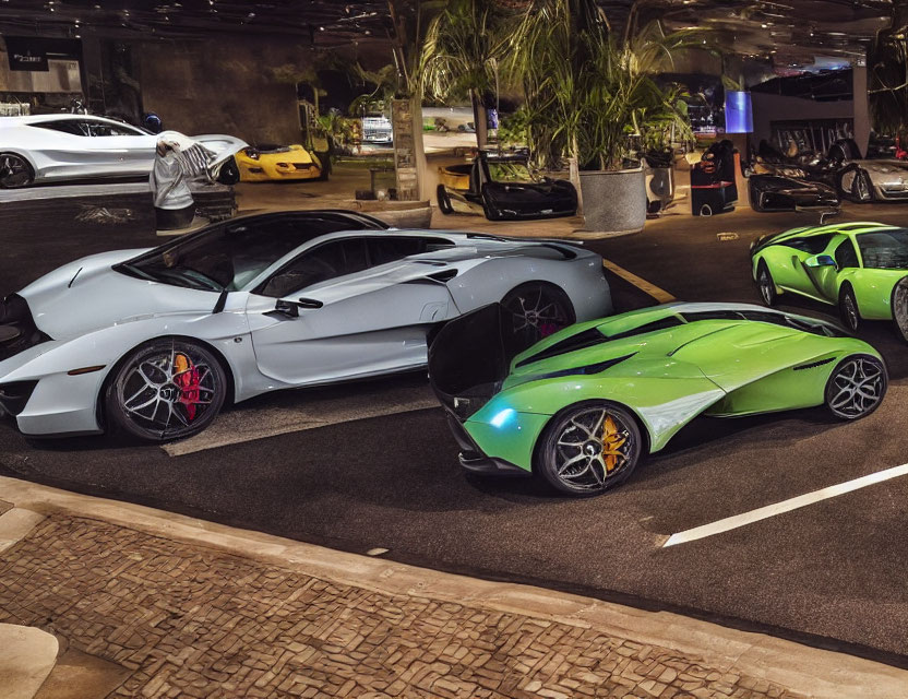 Luxury sports cars: white and green Lamborghinis at night venue