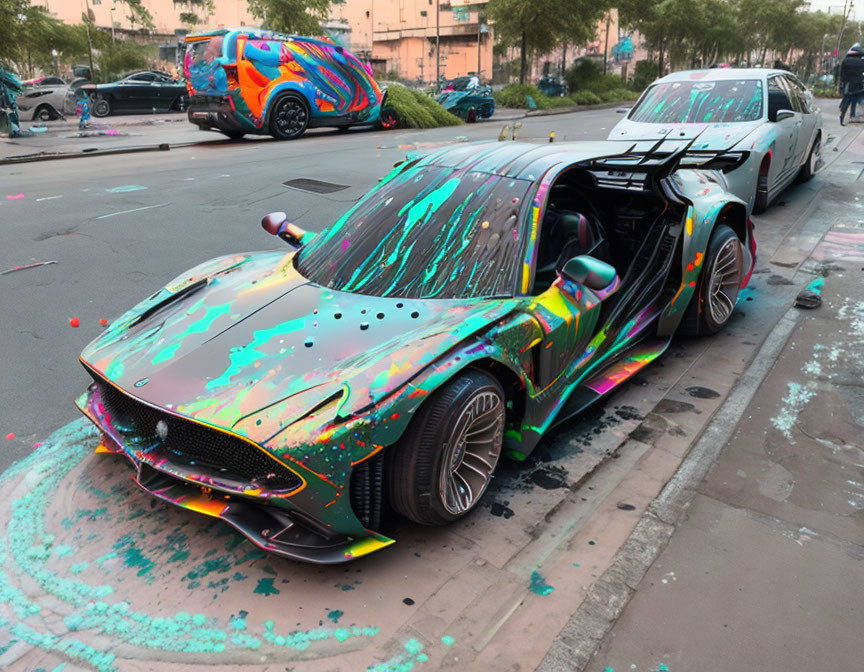 Colorful sports cars on street with vibrant paint splatters