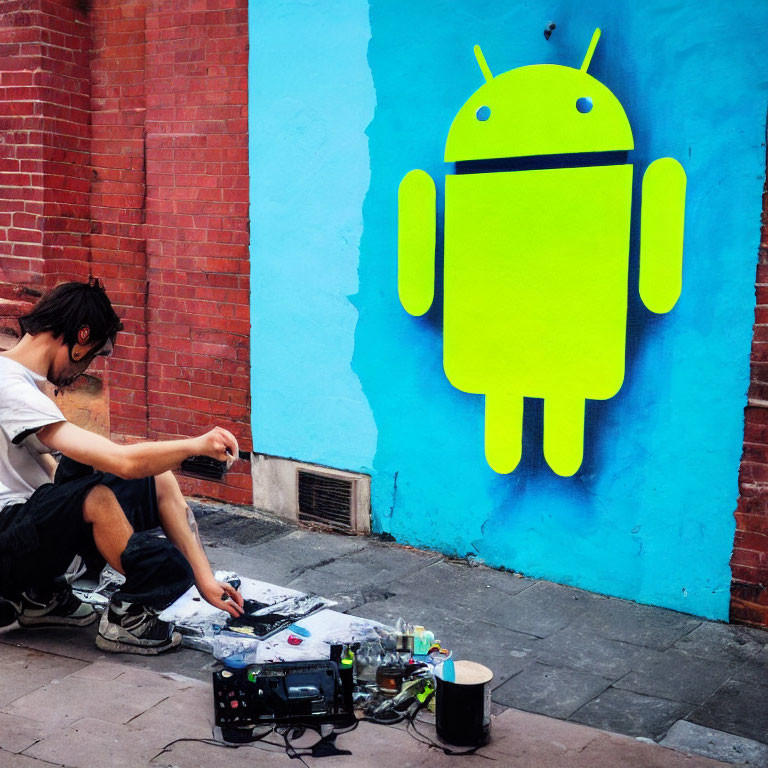 Man sitting by large Android mascot on painted wall with spray paint cans and tools.