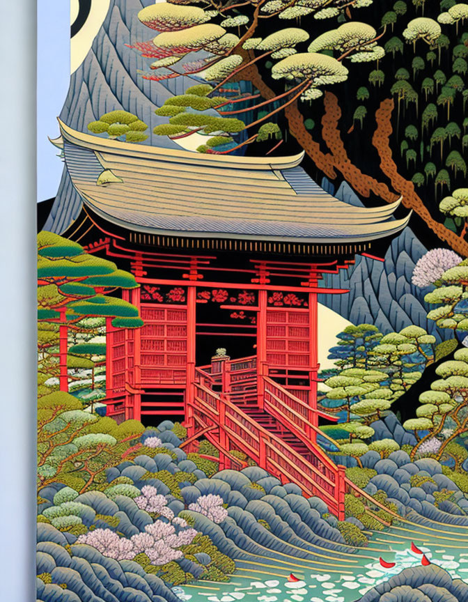 Traditional Japanese Art: Red Pagoda, Mount Fuji, and Figure Crossing Bridge