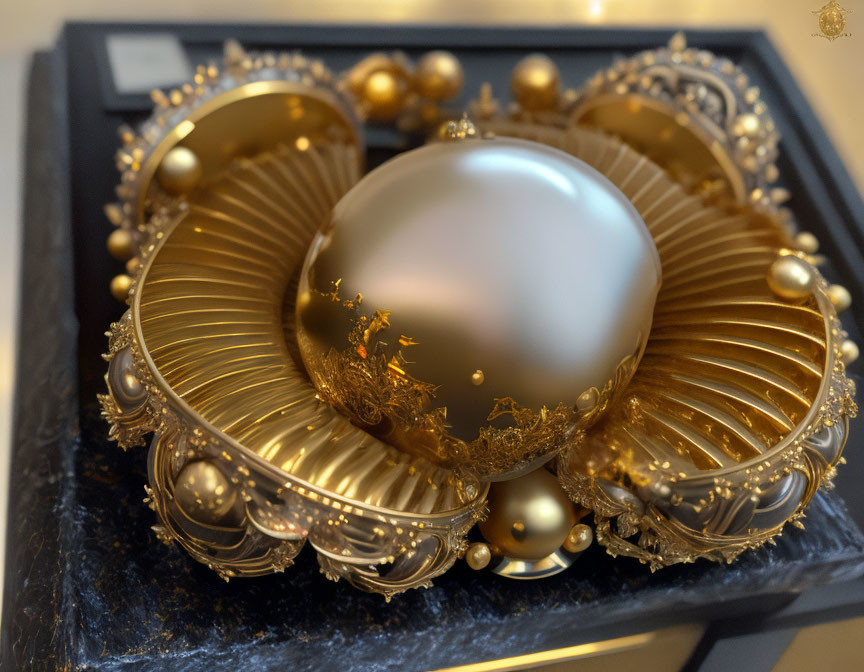 Intricate golden jewelry piece with large pearl on dark cushioned box
