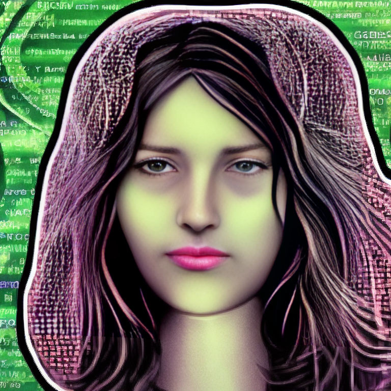 Pink-haired woman in digital artwork with cybernetic green data-stream background.