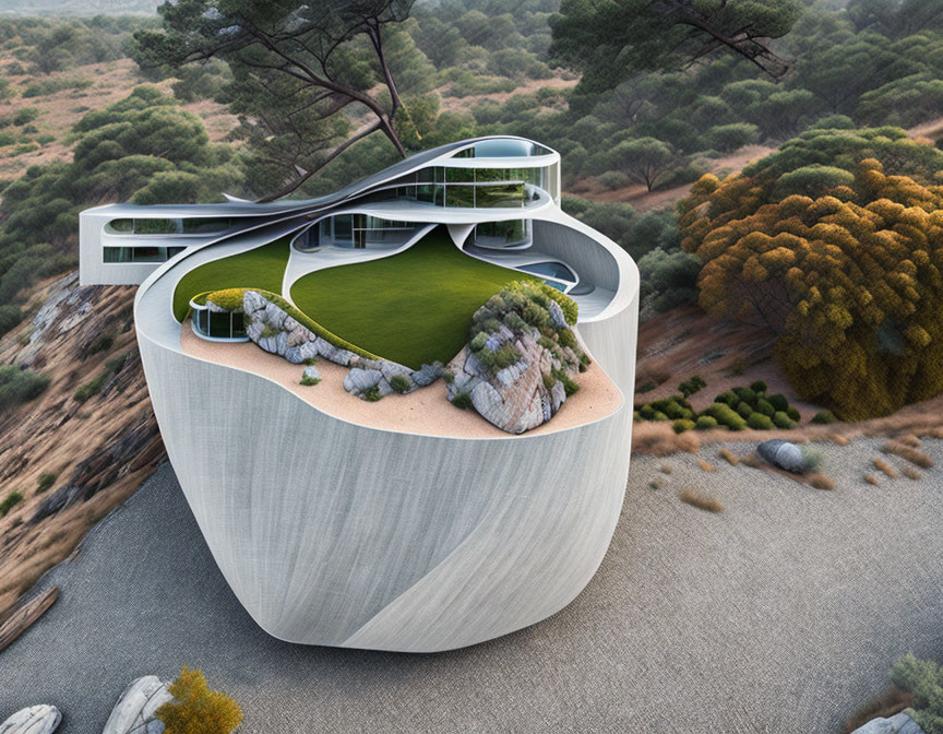 Futuristic curvilinear building with green rooftop gardens in natural landscape