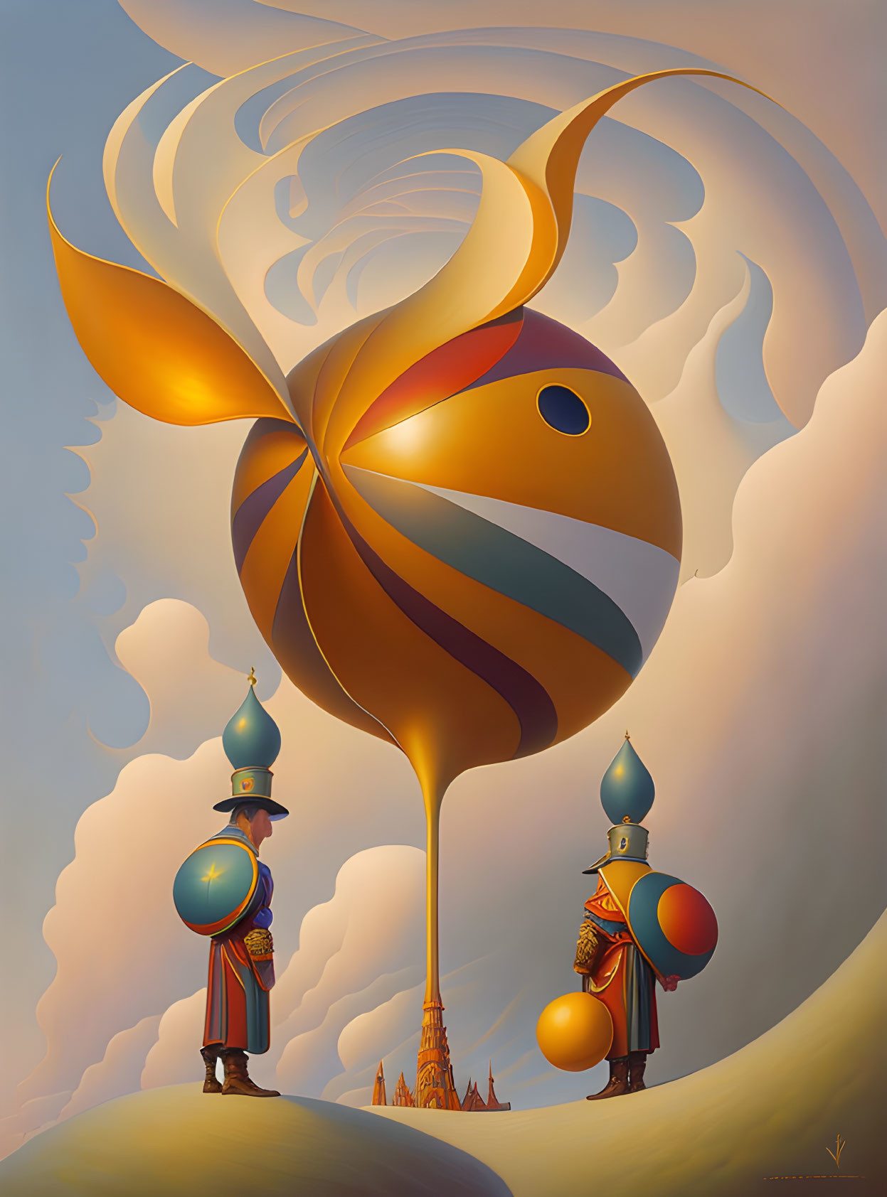 Uniformed figures with sphere helmets by whimsical tree and yin-yang symbol under surreal sky