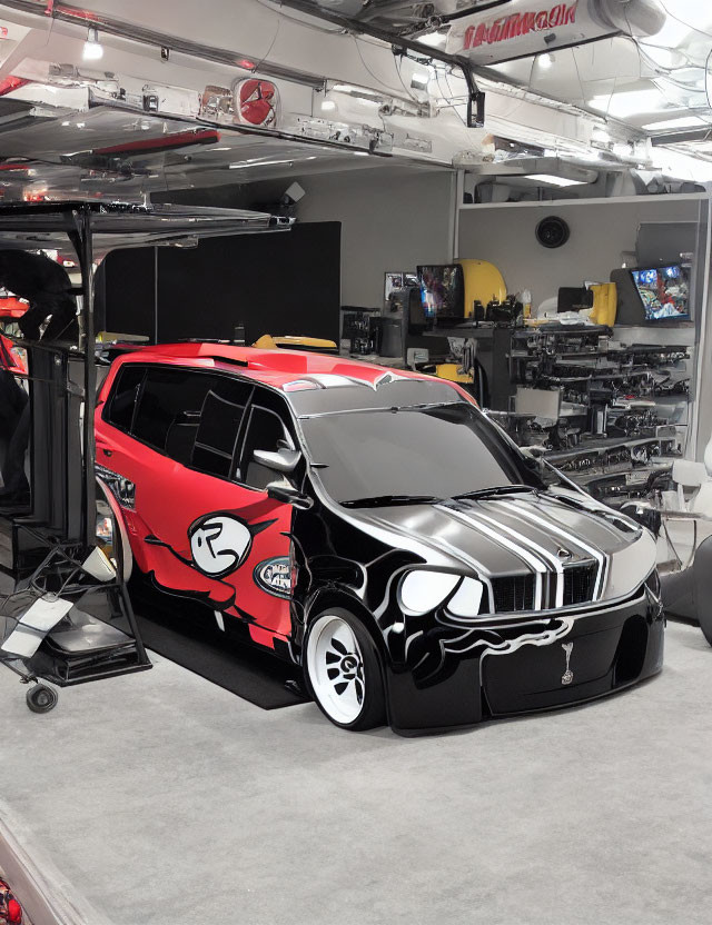 Customized Black Van with Red and White Graphics in High-Tech Workshop