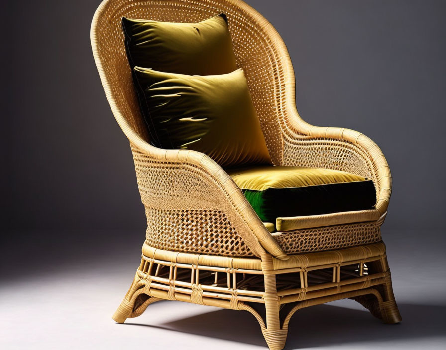An armchair made out of wicker, rattan, and bamboo