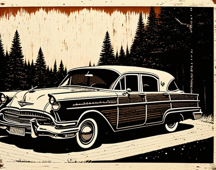 woodcut of a lopsided old car