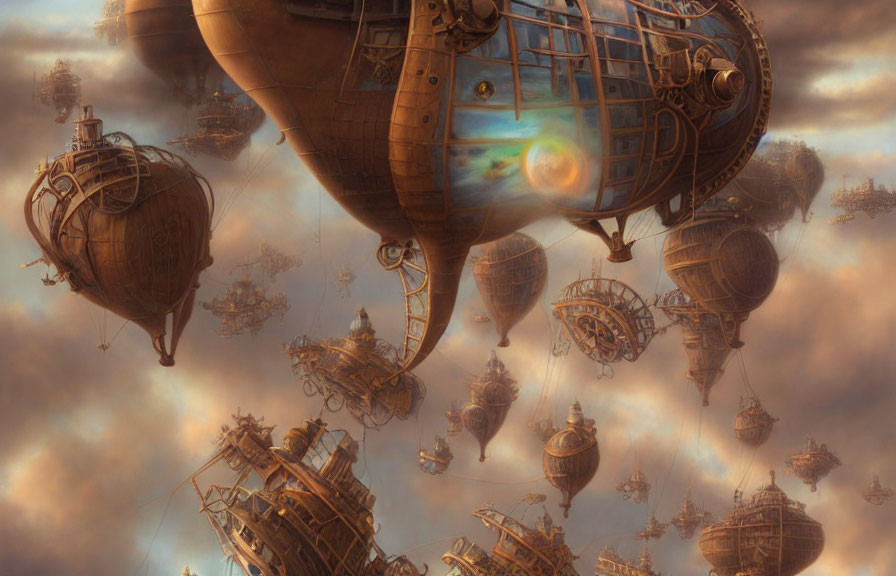 Fantastical steampunk airships in intricate designs among clouds