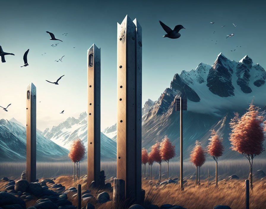 posts, poles, pillars, landscape, mountains, birds