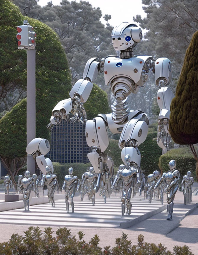 Giant robot and smaller robots in park with green trees