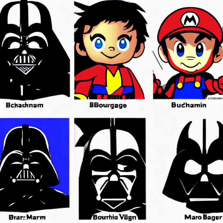 Stylized images of Darth Vader, anime boy, and Mario with altered logos on yellow background
