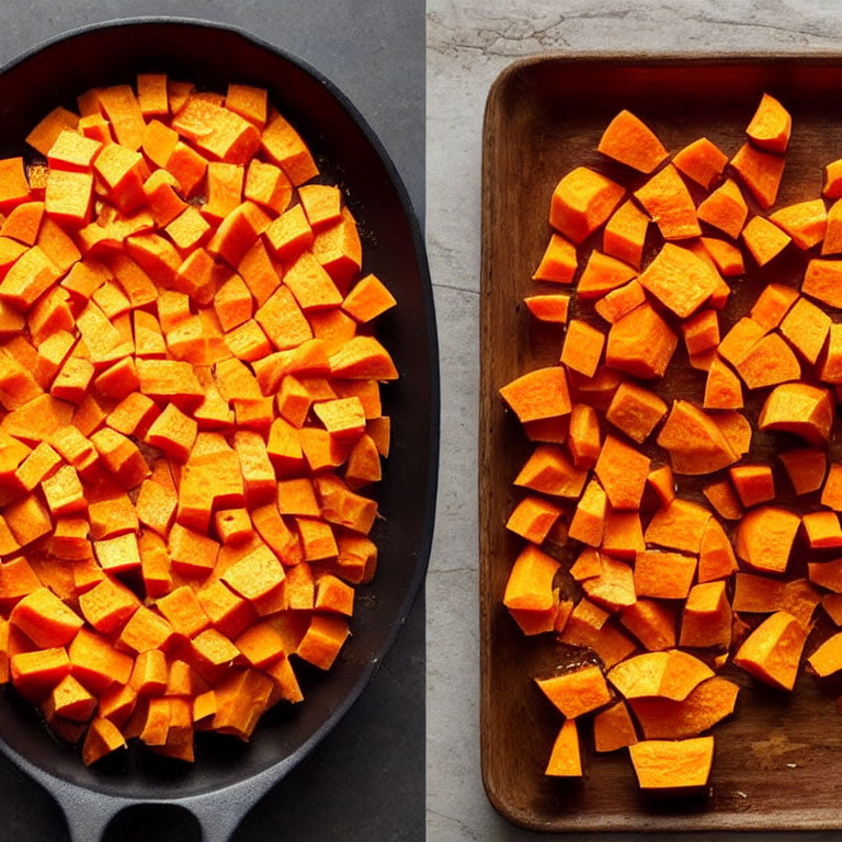 Diced sweet potatoes in cast iron skillet and wooden tray