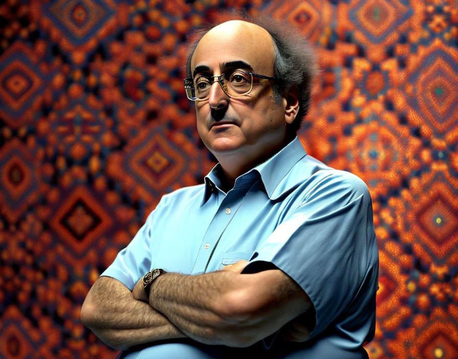Man with Glasses and Prominent Nose Standing Crossed Arms in Blue Shirt on Orange Patterned Backdrop
