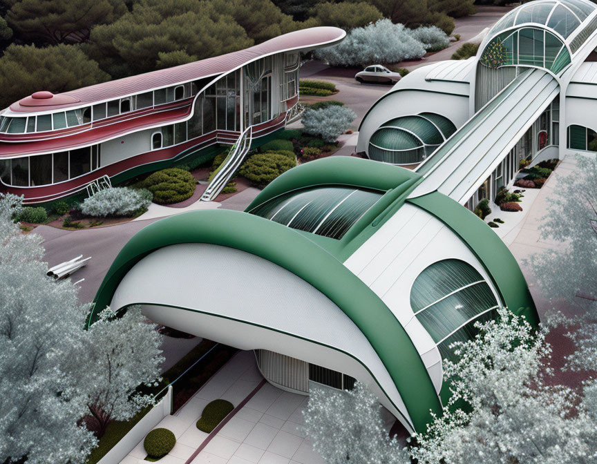 Curved white futuristic building with red-trimmed upper level in green landscape