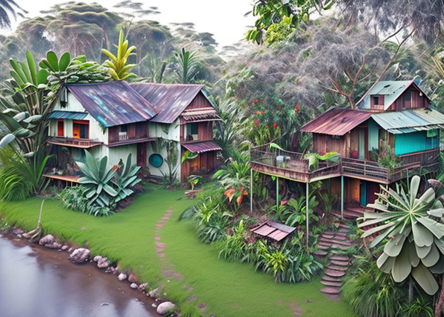 Vibrant houses surrounded by lush greenery and a pond